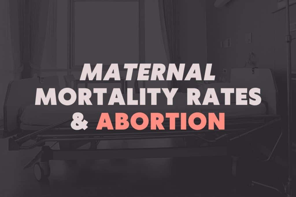 Charcoal, off white, and coral graphics with text, "Maternal Mortality Rates & Abortion"
